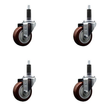 Service Caster 3.5'' Maroon Poly Wheel Swivel 1'' Expanding Stem Caster Set, 4PK SCC-EX20S3514-PPUB-MRN-1-4